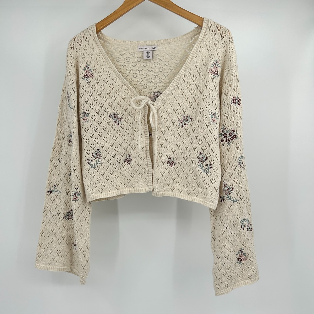 Cottage Boho Pointelle Cardigan Women L Floral Flare Sleeve Tie Bow Cotton Blend